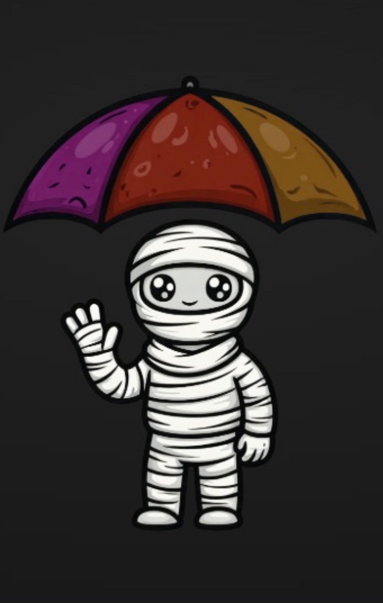 MUTU mascot — a mummy under a colored umbrella
